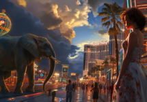 Las-Vegas-Strip-with-an-Elephant-OUTSIDE-Female-Traveller-ina-dress-visiting-the-Land-of-Improv
