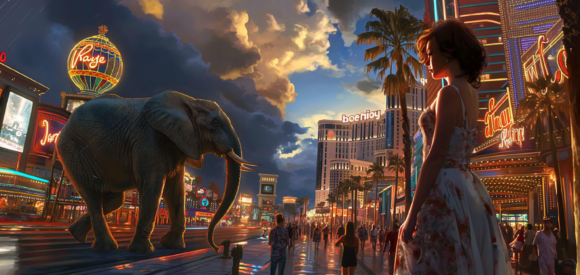 Las-Vegas-Strip-with-an-Elephant-OUTSIDE-Female-Traveller-ina-dress-visiting-the-Land-of-Improv